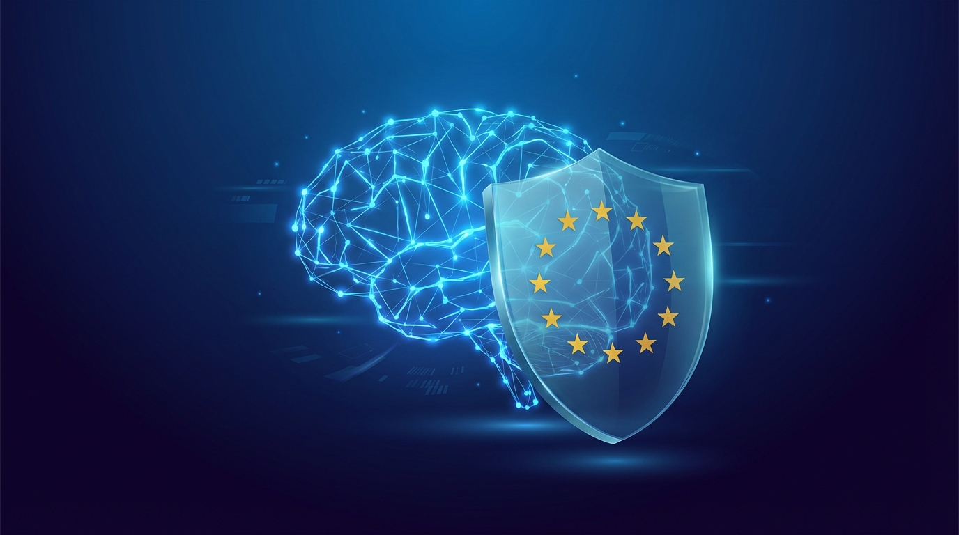 A shield with the European Union stars protecting a glowing blue icon of a brain, symbolizing the EU AI Act's regulation of artificial intelligence.