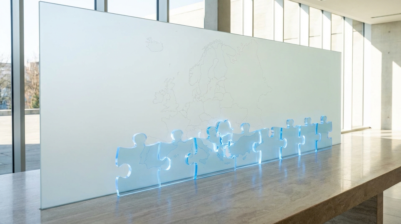 An abstract image representing EU insolvency harmonisation, showing several blue puzzle pieces fitting together perfectly over a faint map of Europe.