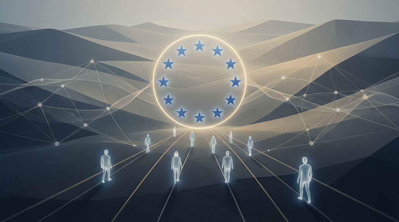 A symbolic representation of the EU Pact on Migration and Asylum, showing abstract figures moving towards the EU stars, symbolizing a unified European approach to migration.