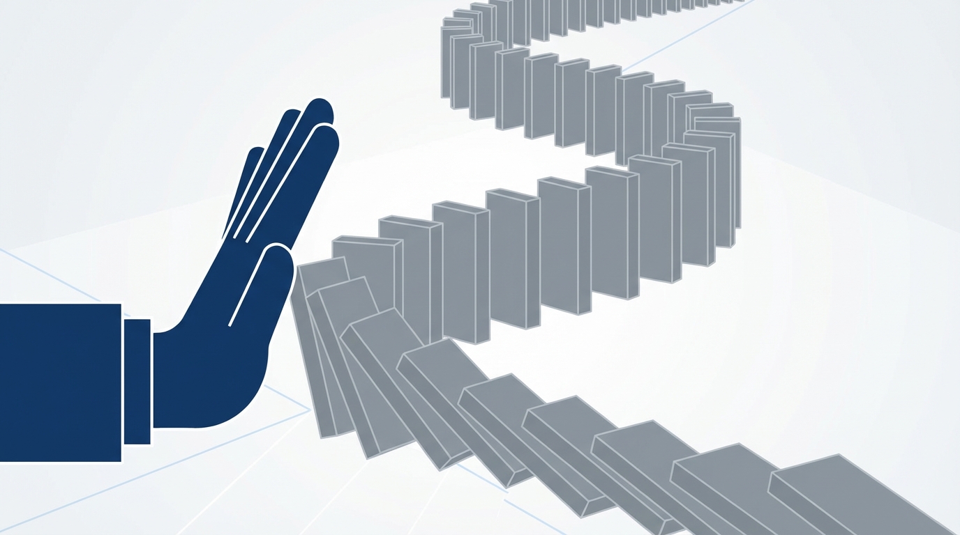 A minimalist illustration of a hand stopping a line of dominoes from toppling over, symbolizing the proactive prevention of fraud.