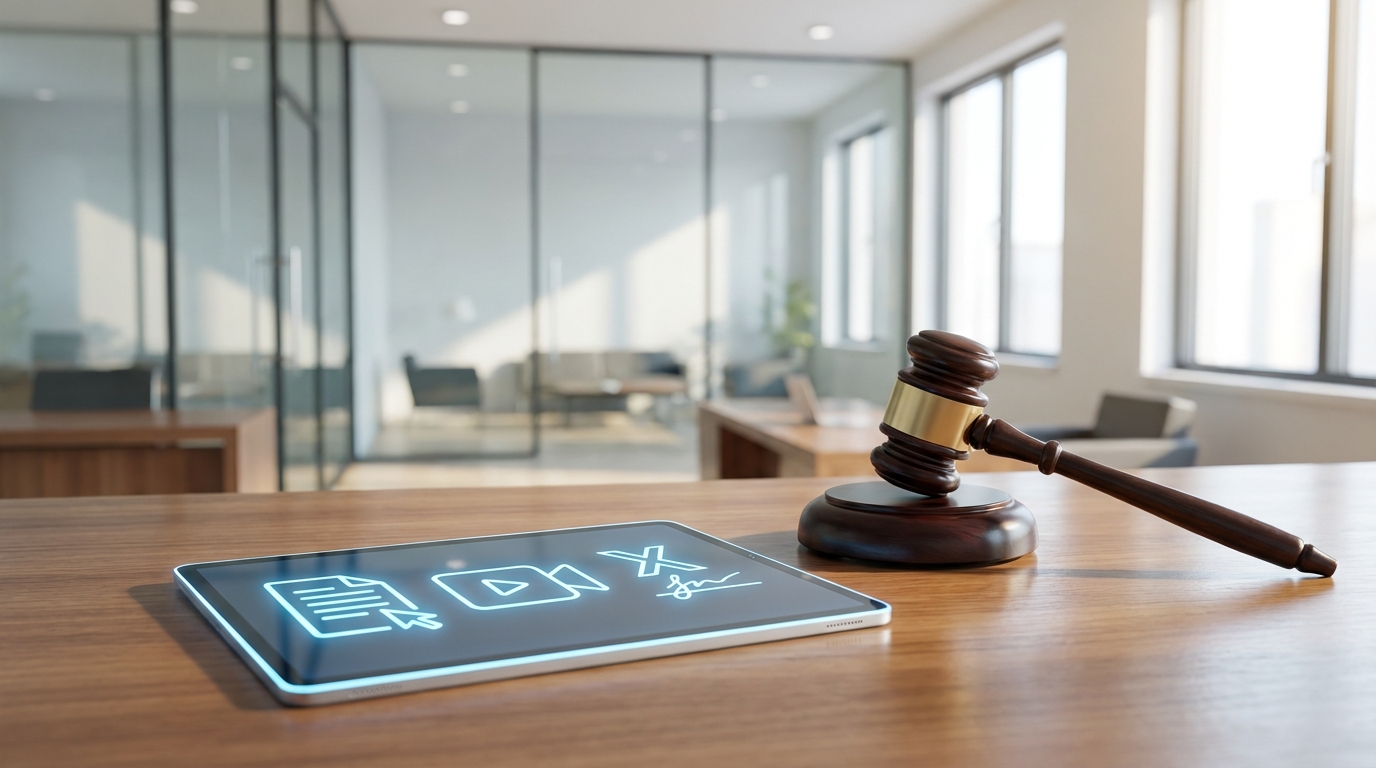 A gavel and a digital tablet in a modern courtroom, symbolizing the shift to digital civil procedure.