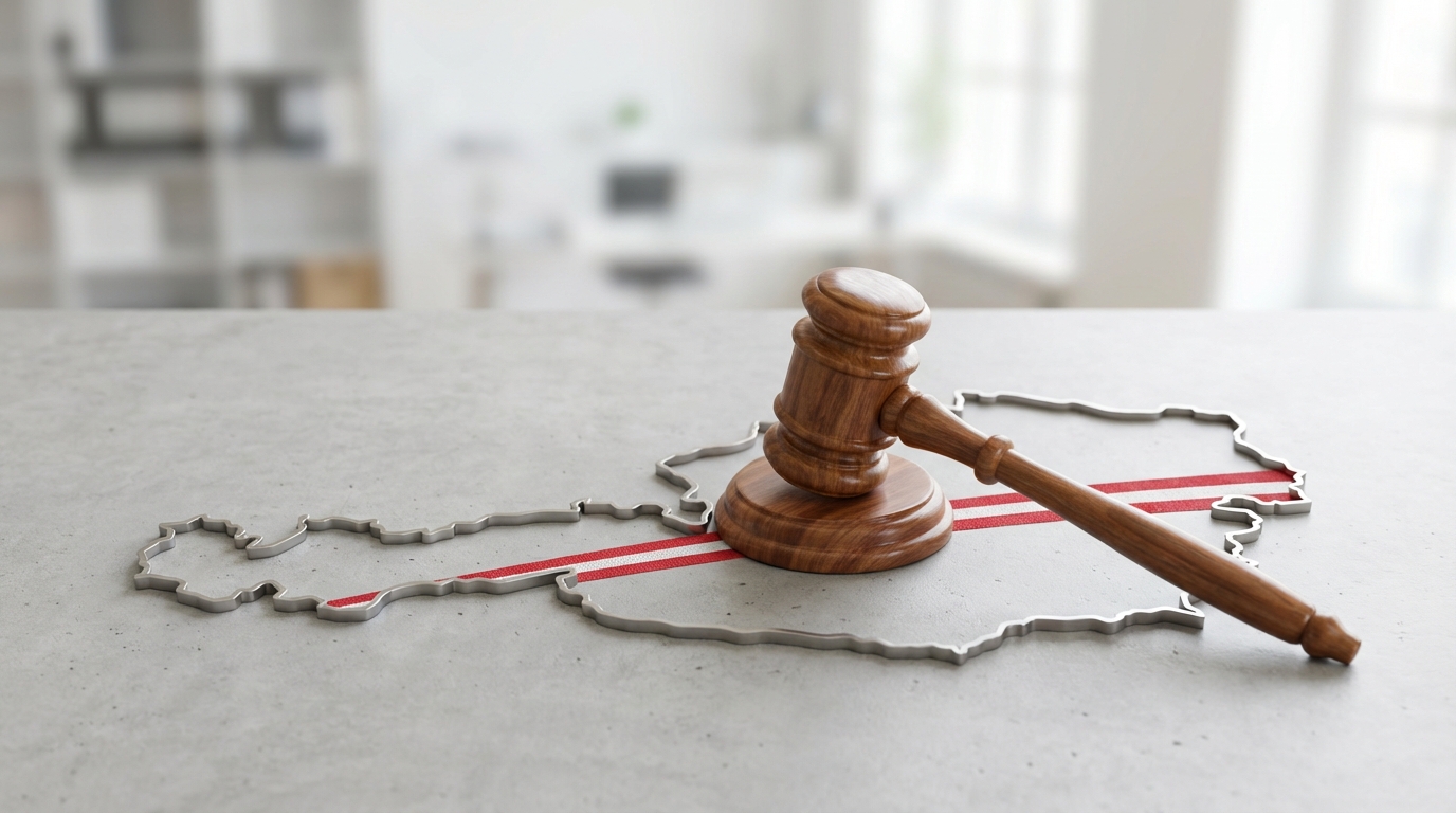 A judge's gavel rests above a map of Austria, symbolizing legal scrutiny of Austrian laws.