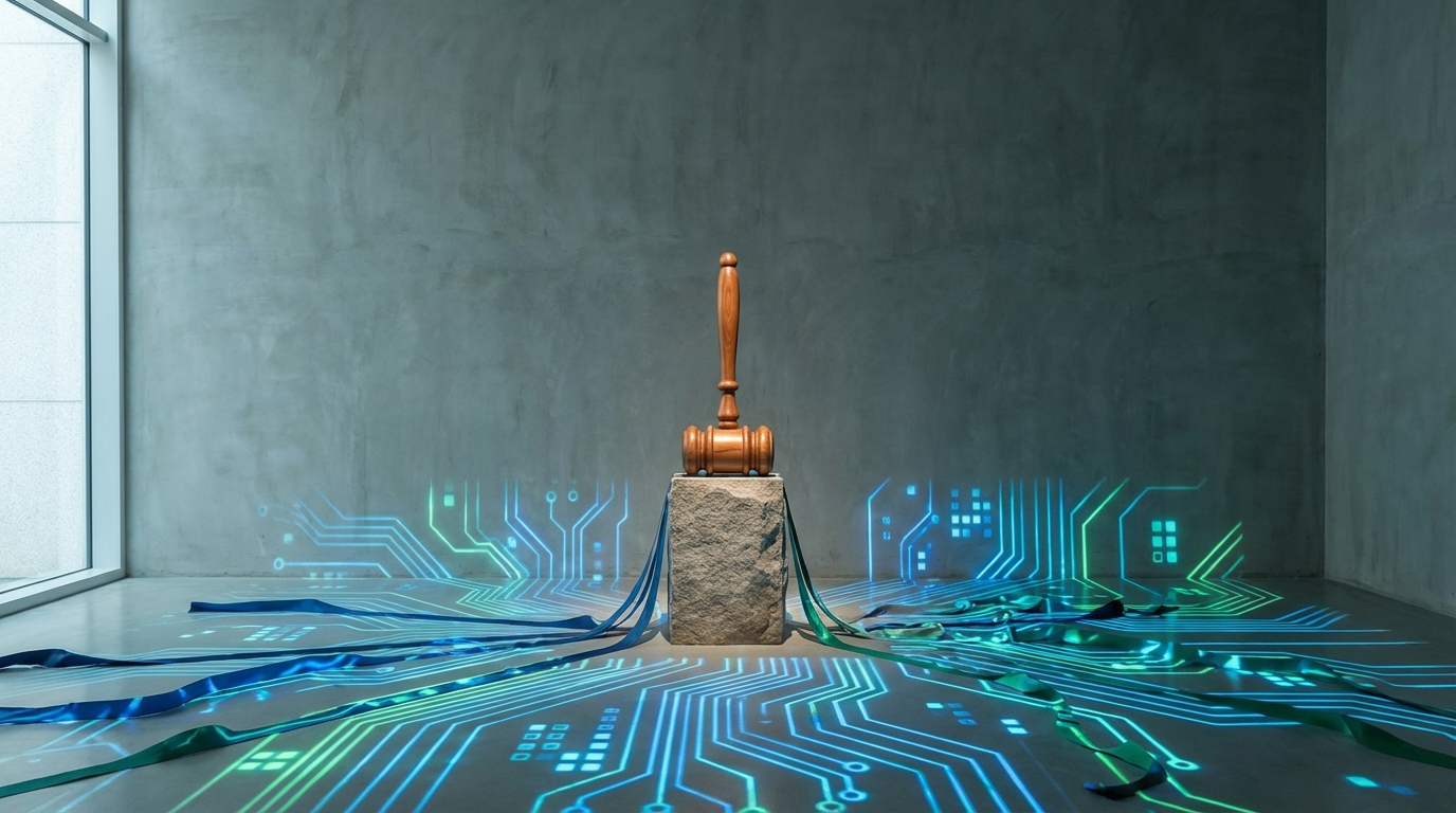A symbolic image of a gavel positioned over flowing digital data streams, representing the concept of GDPR enforcement.