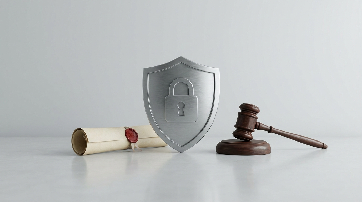 A symbolic representation of GDPR, featuring a shield for data protection, a legal document for regulation, and a gavel for administrative fines.