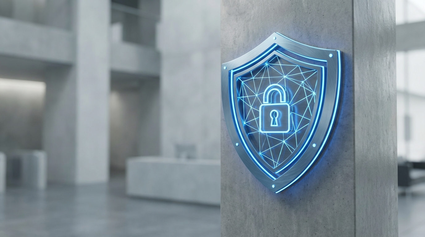 A stylized blue shield protecting an icon that represents personal data, symbolizing GDPR compliance and data security.