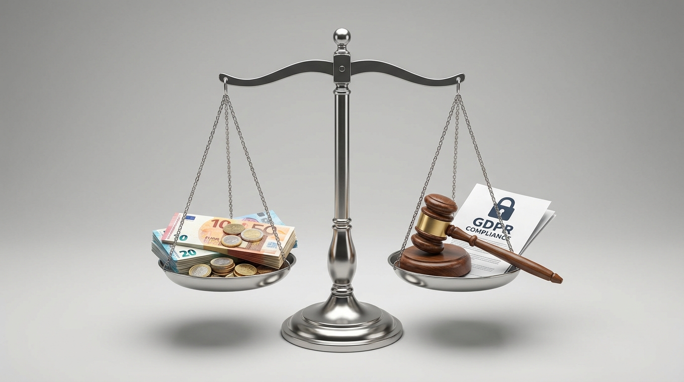 A balance scale weighing money against legal documents, symbolizing the financial impact of GDPR fines.