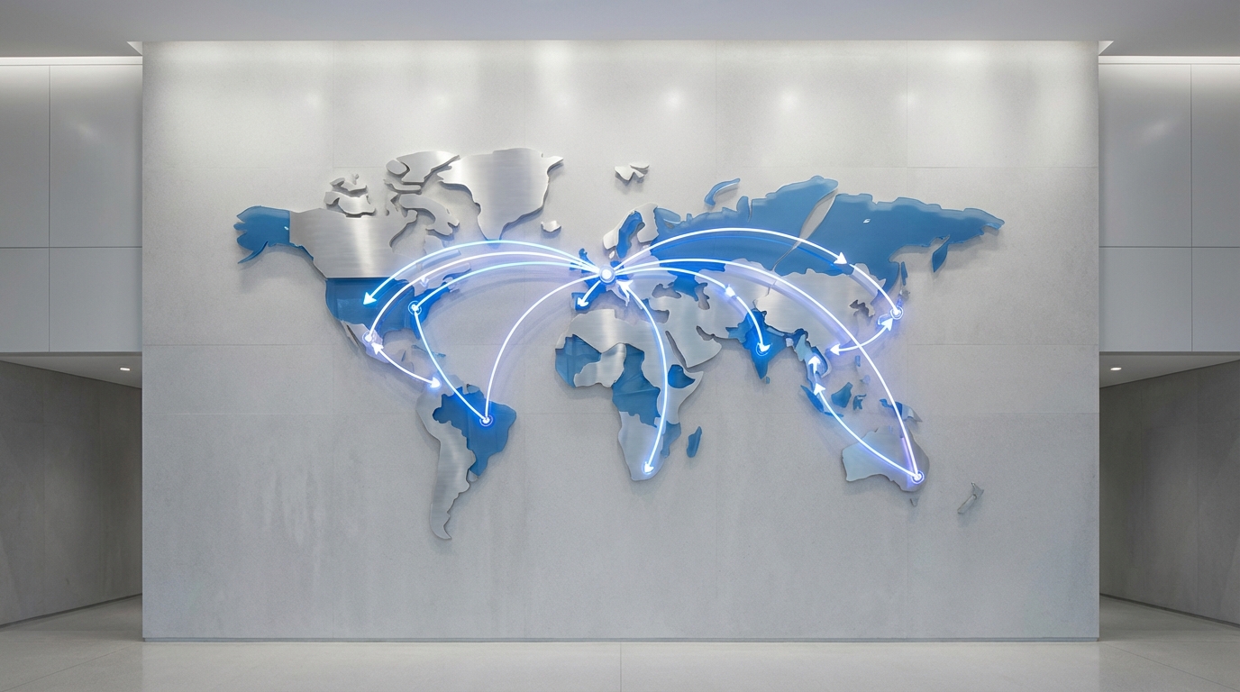 A stylized world map with glowing arrows connecting continents, representing the concept of cross-border restructuring frameworks.