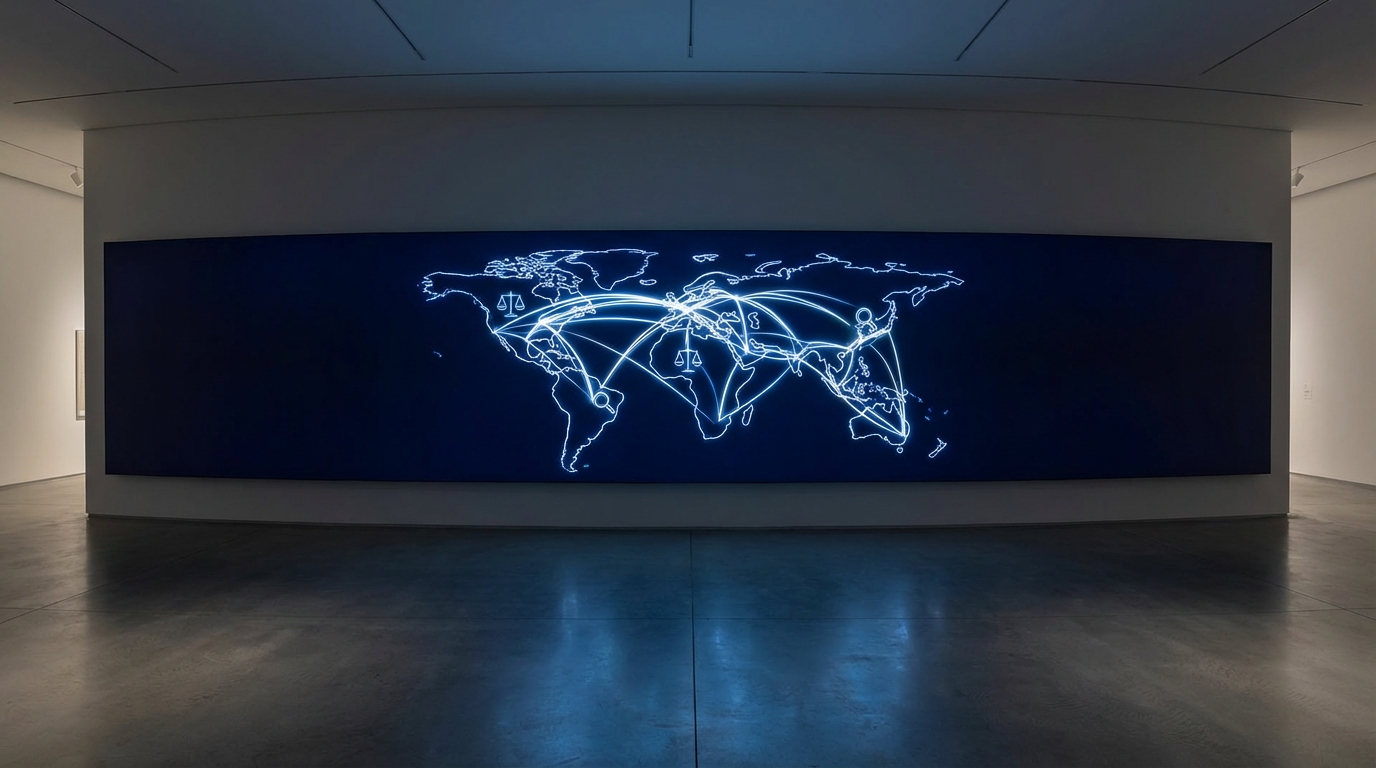 A world map illustrating global cooperation in economic crime enforcement, with glowing lines connecting different continents to represent cross-border investigations and shared intelligence.