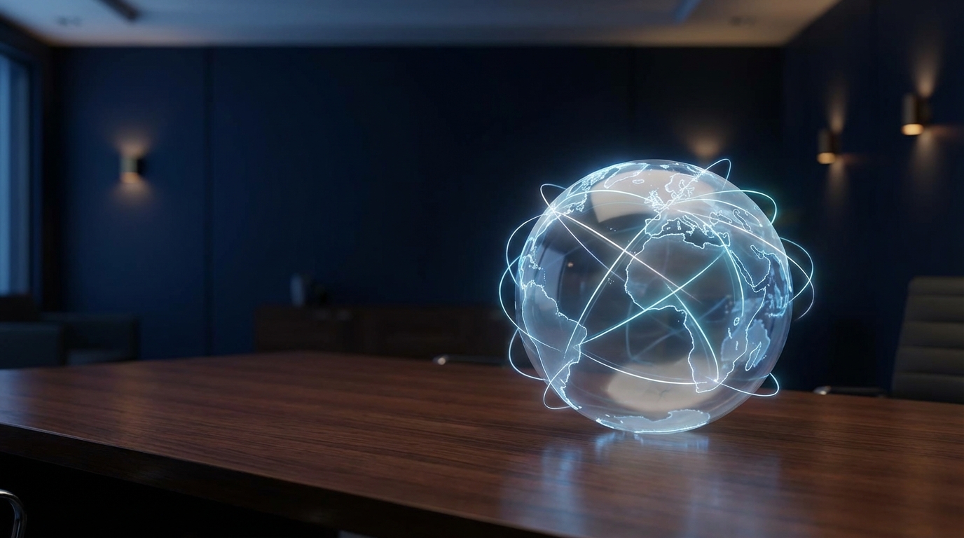 A stylized globe with glowing lines connecting different continents, symbolizing global legal connectivity and cross-border contracts.
