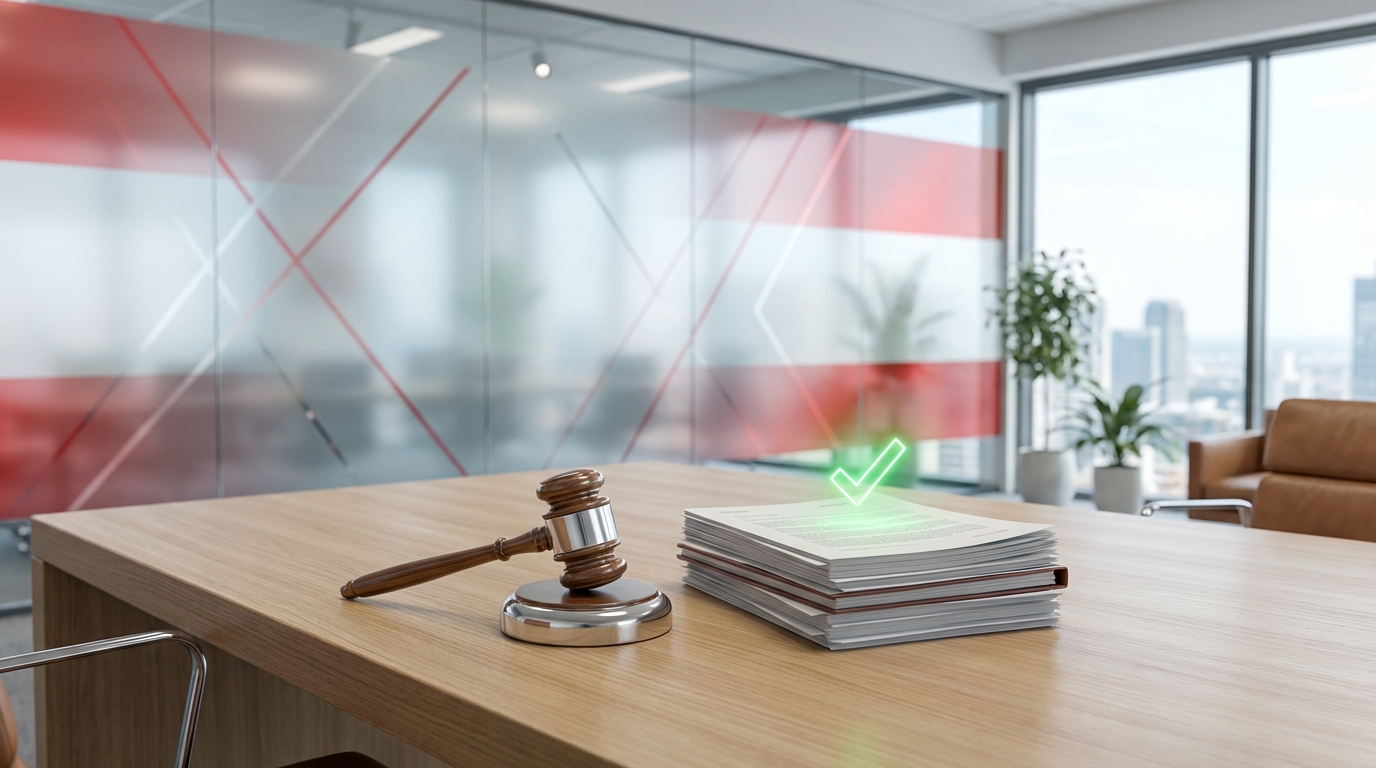 A stylized gavel rests beside a document with a green checkmark, symbolizing the recent positive legal changes in GmbH law reforms in Austria.