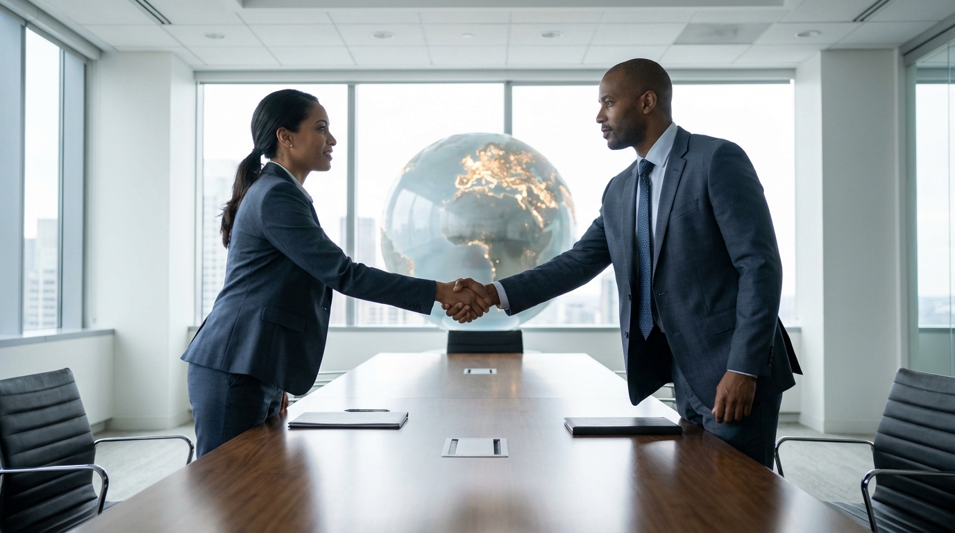 Two business professionals shaking hands in front of a globe, symbolizing an international contract negotiation.