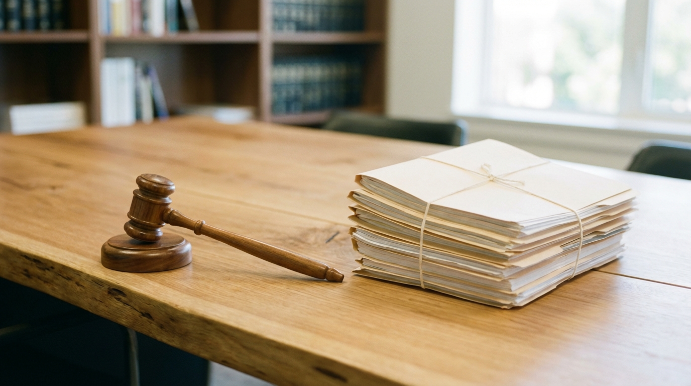 A judicial gavel and a stack of legal documents, symbolizing administrative judicial review.