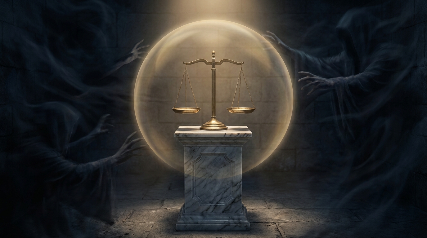 A pair of balanced scales of justice, symbolizing impartiality, are enclosed in a protective, glowing bubble, shielding them from shadowy hands that represent external interference.
