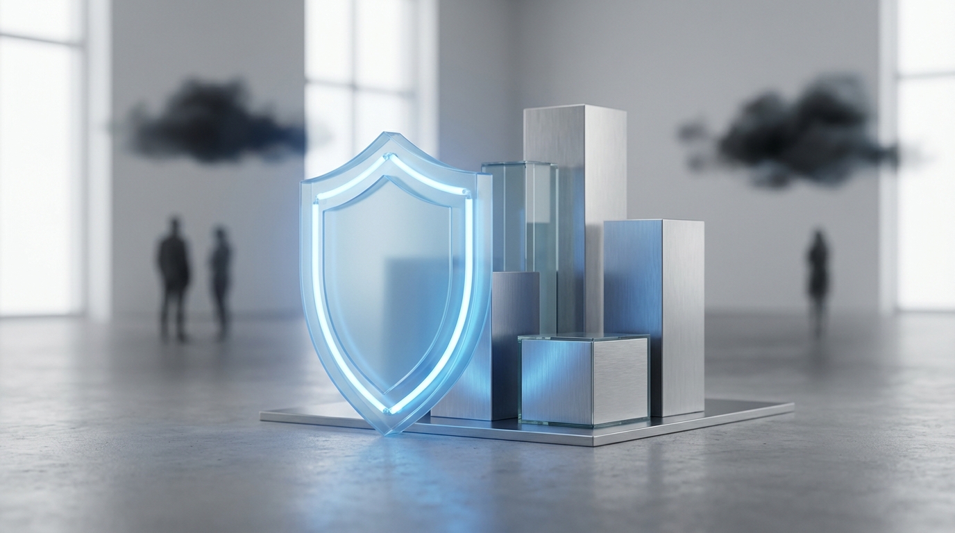 A shield glowing with a blue light, protecting a company building from abstract threats, symbolizing legal compliance and the prevention of offences.