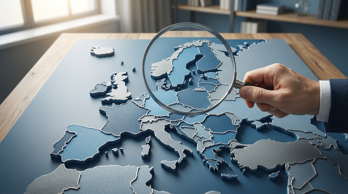 A magnifying glass over a map of Europe, symbolizing cross-border investigation and justice within the EU.