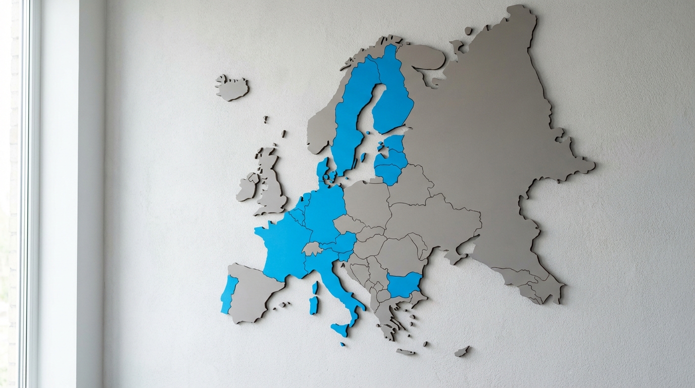 A map of Europe illustrating the member states of the Unitary Patent system. The participating countries are highlighted in blue, while non-participating countries are shown in grey.