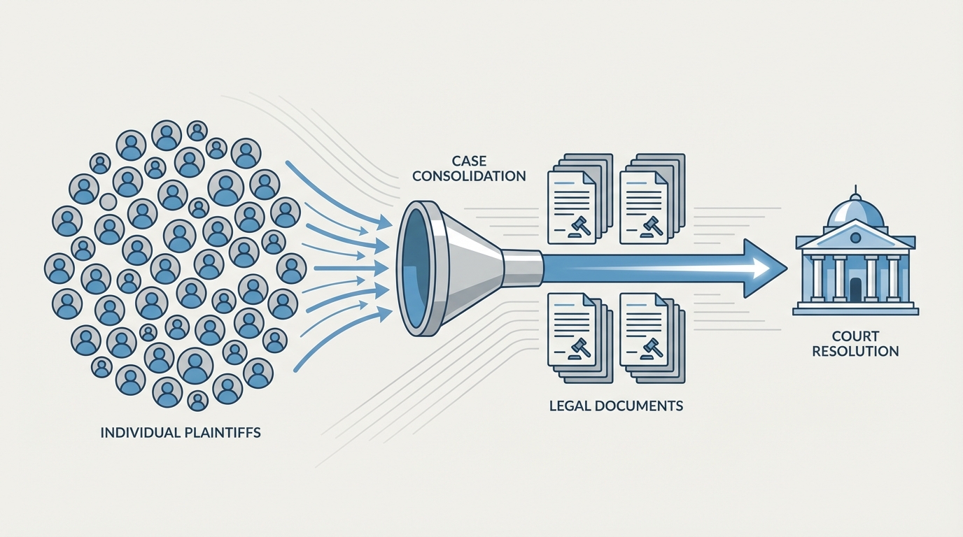 A visual representation of the mass litigation management process, showing individual claims being consolidated and streamlined for efficient legal resolution.