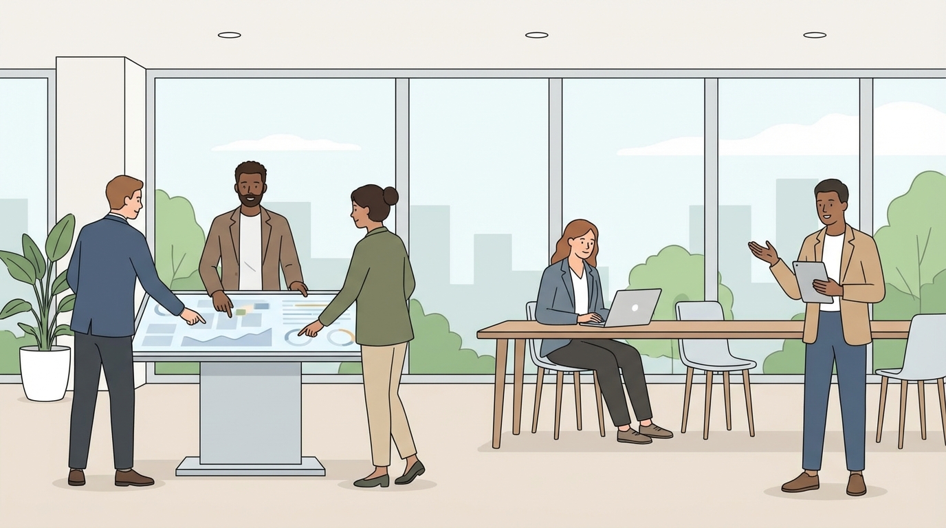 A modern business environment where professionals use digital tools for collaboration and company formation.