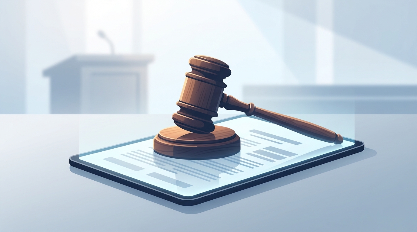 An illustration symbolizing digital civil procedure, with a judge's gavel resting on a modern tablet.