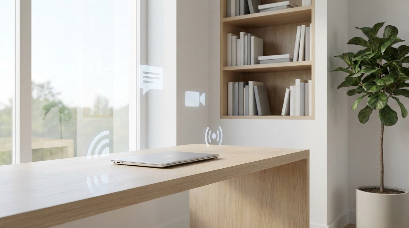 A modern remote work setup with a laptop and digital communication icons.