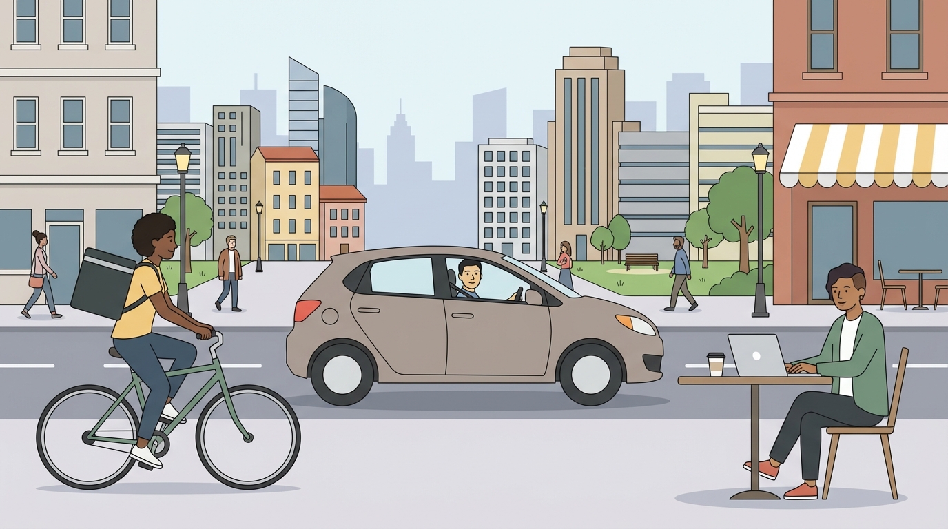 An illustration depicting various platform workers: a person delivering food on a bike, another driving a car for a ride-sharing service, and a freelancer on a laptop.
