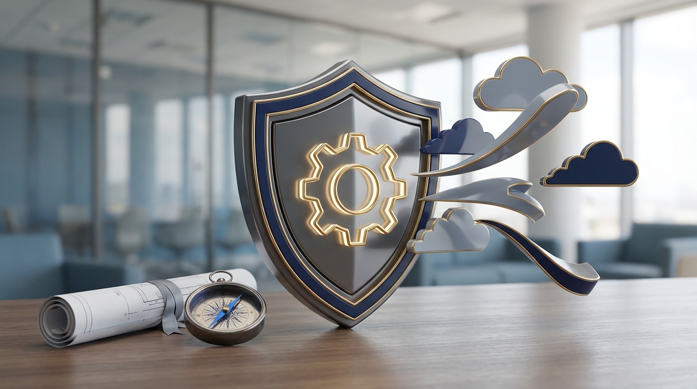 A symbolic image of a shield protecting a business gear from storm clouds, representing preventive restructuring and legal support.