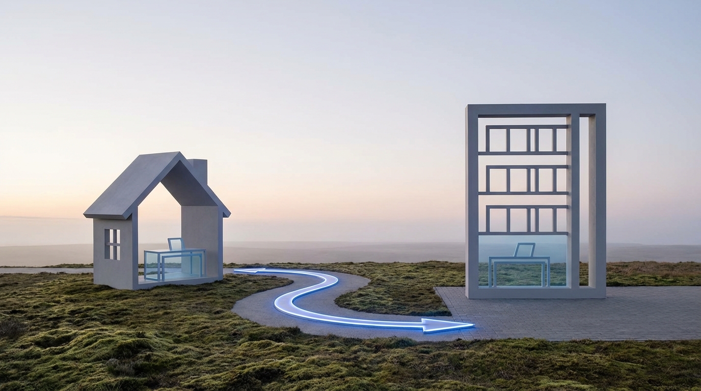 A symbolic representation of the transition from a home office to a corporate office building, indicating a change in work environment.