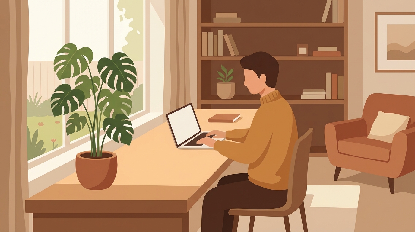 A modern and calm remote work setup showing a person at a desk with a laptop.
