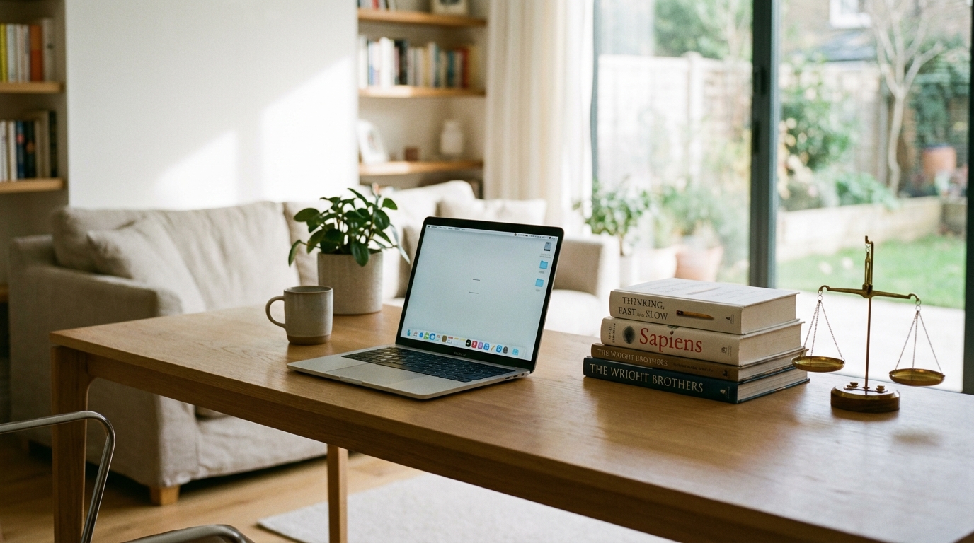 A modern home office desk with a laptop, a stack of law books, and scales of justice, representing the concept of remote work employment law.