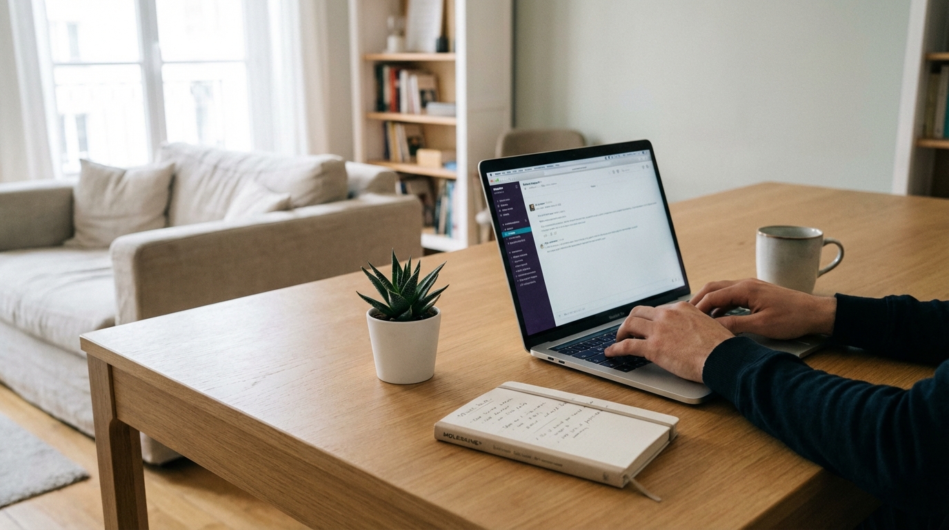 A professional working remotely at a tidy desk with a laptop and a plant.