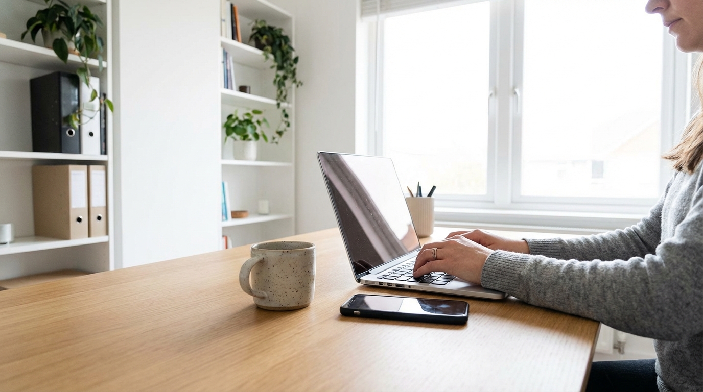 A modern remote work setup featuring a laptop, phone, and coffee on a clean desk.