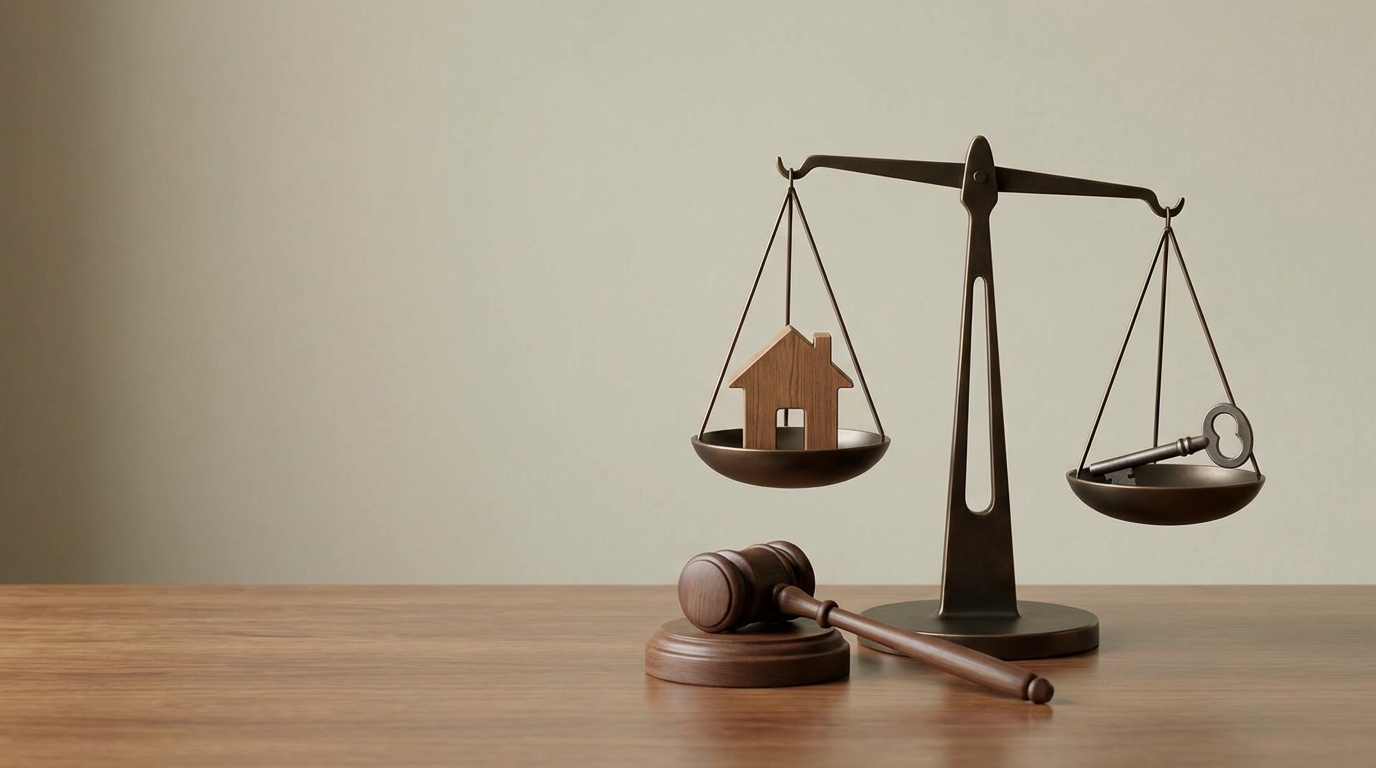 A balanced scale with a house on one side and a key on the other, symbolizing rent regulation reforms.