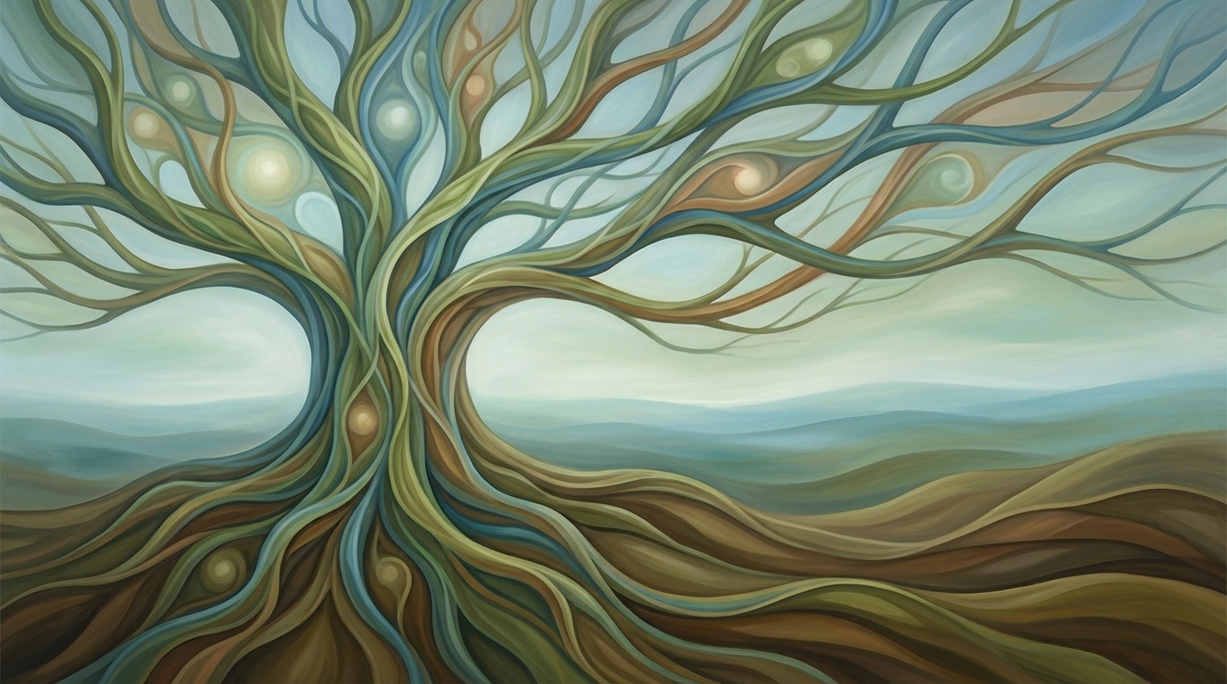 A stylized tree with deep roots and interconnected branches, symbolizing the stability and support of social insurance sustainability.