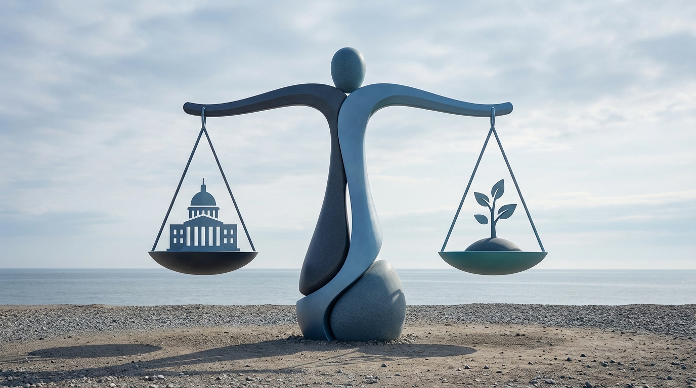 Scales of justice balancing a government building on one side and a growing plant on the other, symbolizing Social Security offset reforms.