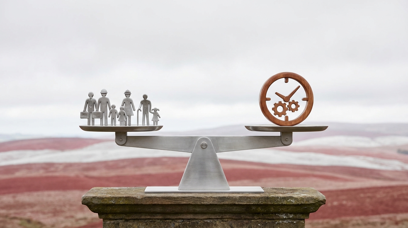 A symbolic representation of social security reform in Austria, showing a balanced scale with people on one side and a clock on the other, signifying fairness and long-term security.