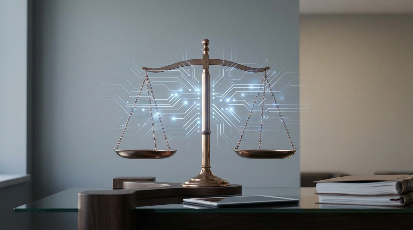 An abstract image showing the scales of justice intertwined with a digital circuit, symbolizing the intersection of law and technology.