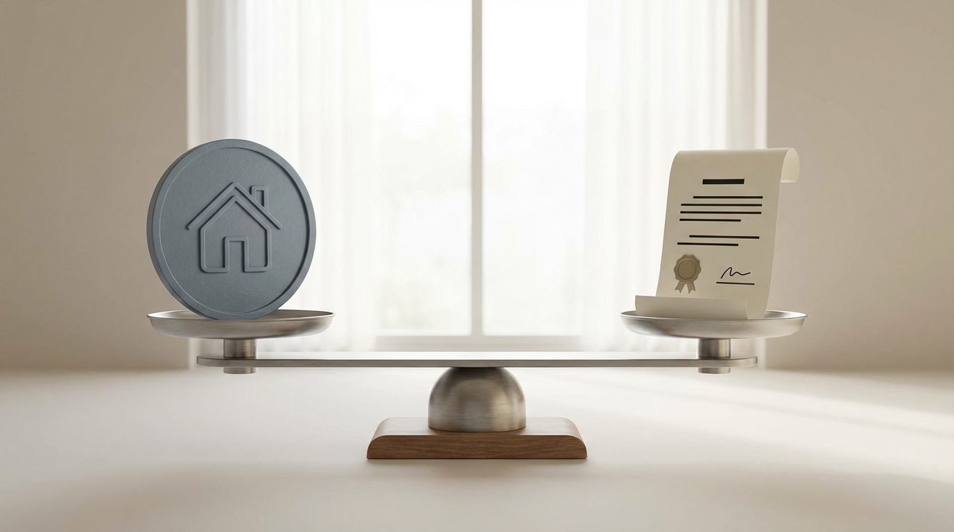 A balanced scale with a shield on one side and an eviction notice on the other, symbolizing the legal balance between tenant protections and no-fault eviction limits.