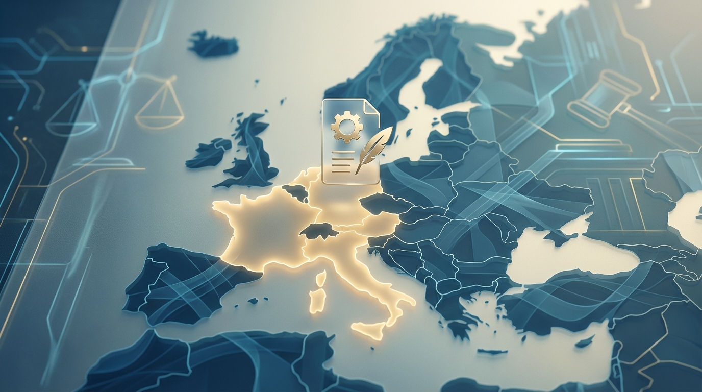 A symbolic representation of the Unitary Patent system, showing a unified bloc of European countries under a single patent document, symbolizing centralized protection and enforcement.