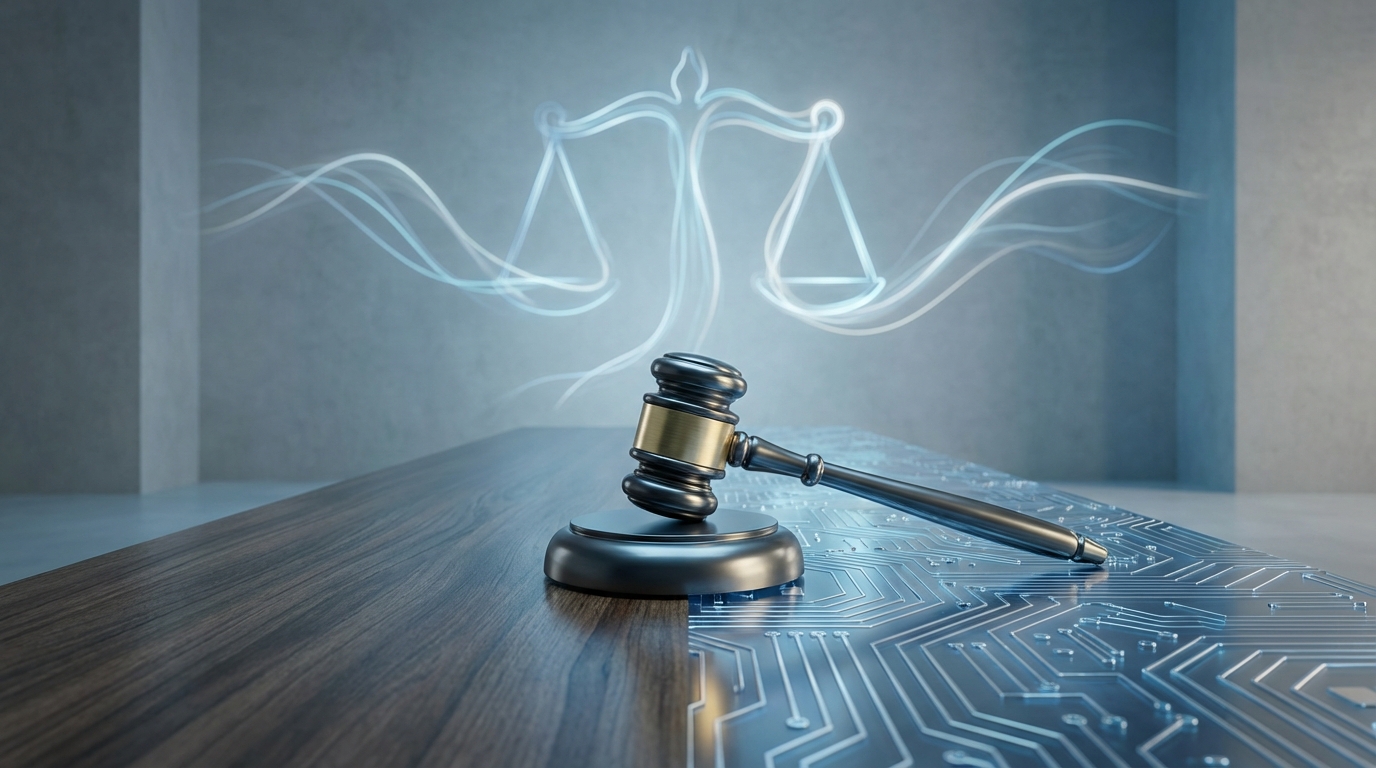 A symbolic image showing a gavel on a surface that is half wood and half circuit board, representing the intersection of law and AI technology.