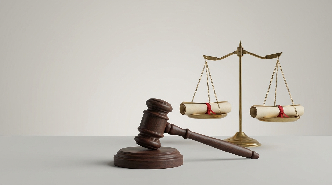 A judge's gavel in front of perfectly balanced scales, symbolizing the fairness required by Austrian unfair contract terms law.