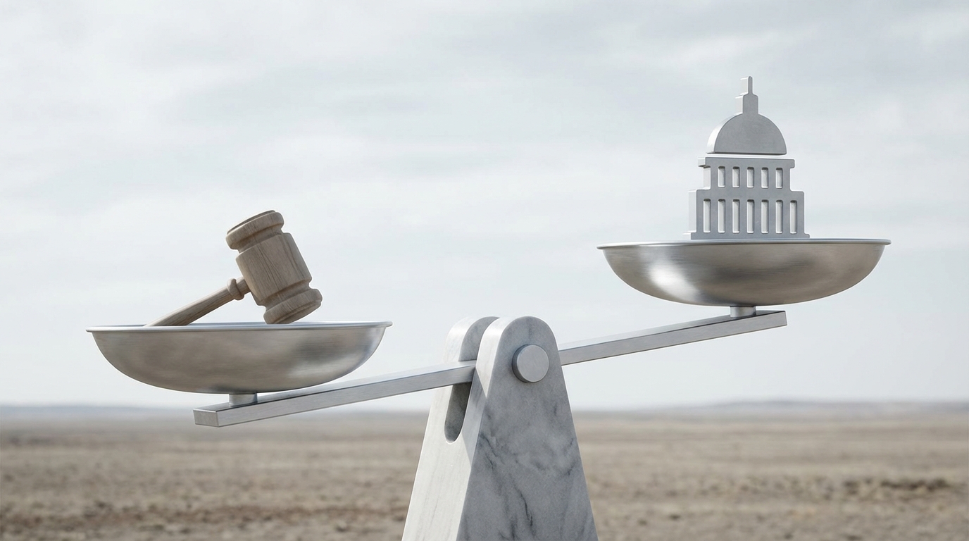 A scale of justice symbolizing the legal concept of Chevron deference, with a judge's gavel on one side and a stylized government building on the other, illustrating the balance between judicial review and agency authority.