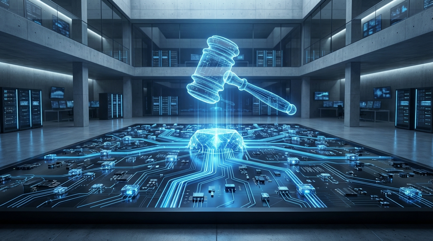 A stylized image representing digital antitrust enforcement, with a glowing gavel symbolizing law and regulation positioned over a digital network, signifying the tech industry.