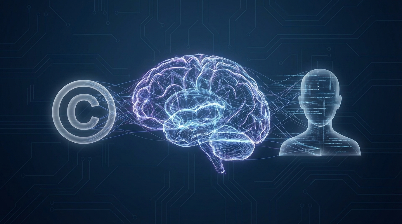 An abstract image representing the intersection of generative AI, copyright, and personality rights, with symbols for each concept connected in a modern, technological design.