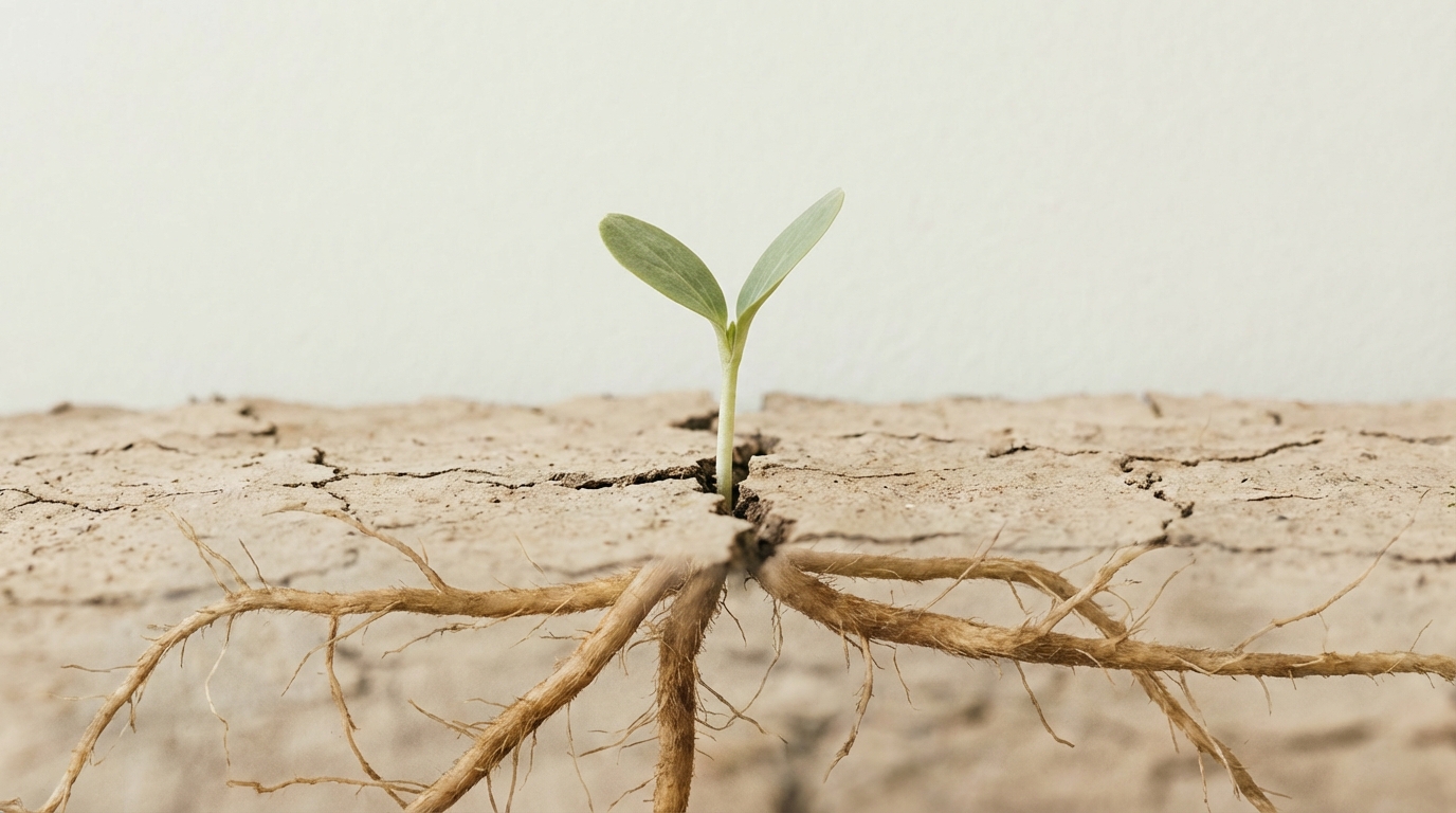 A small green plant sprouting from dry ground, symbolizing business rescue and growth through preventive restructuring.