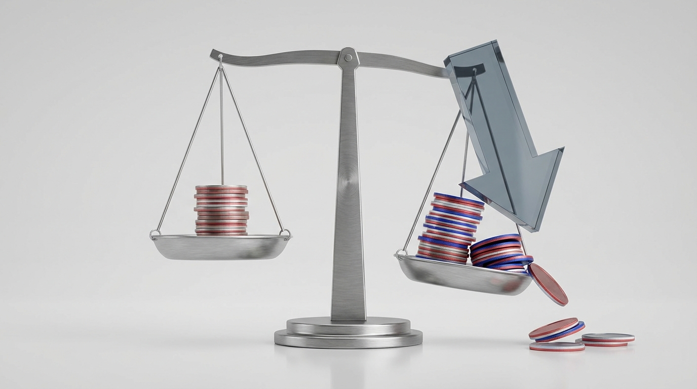 A symbolic image of social security offsets, showing a balancing scale with a stack of coins representing an Austrian pension on one side and a reduced stack of coins representing a U.S. Social Security benefit on the other, indicating a reduction.
