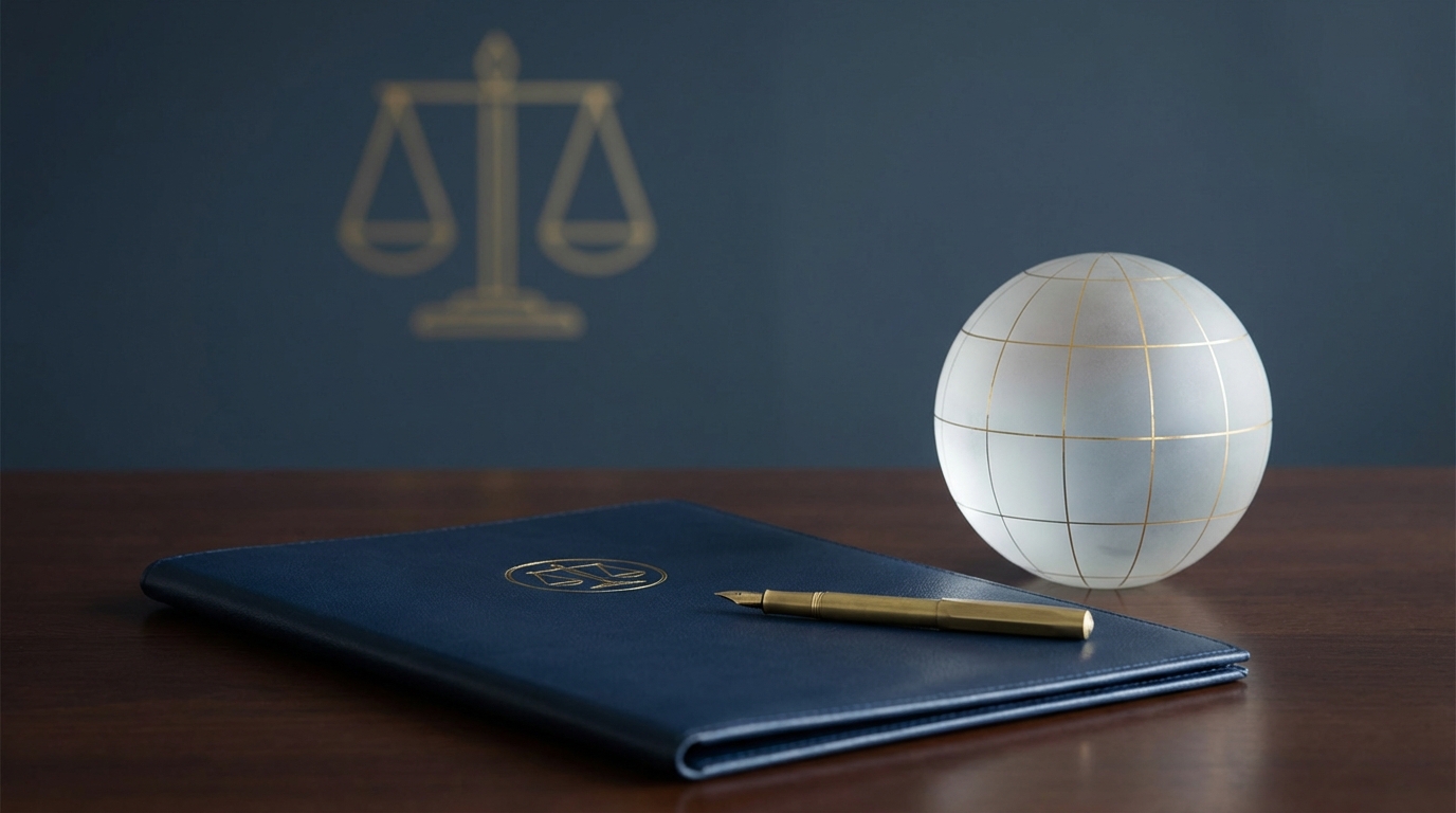 A globe, a legal document, and scales of justice symbolizing the legal framework of international contracts.