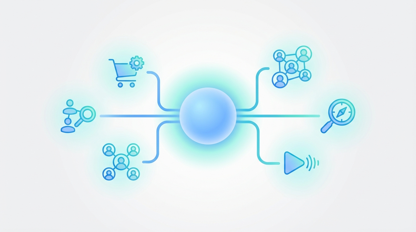 A conceptual illustration of the digital platform ecosystem, showing interconnected icons for e-commerce, social media, and search engines, symbolizing the scope of digital platform antitrust issues.