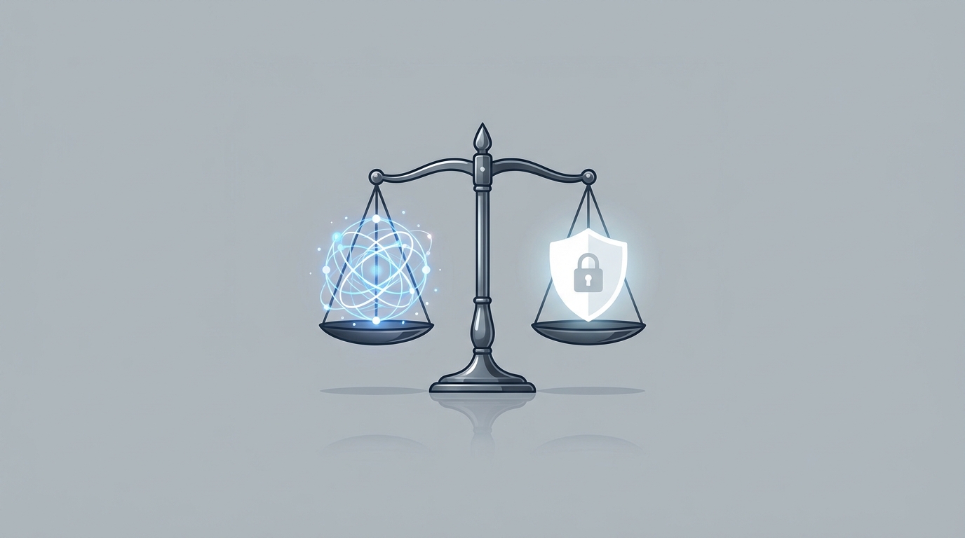 An abstract illustration of GDPR automated decision-making, featuring balanced scales of justice. On one scale is a digital network, and on the other is a shield, symbolizing the balance between technology and data privacy.
