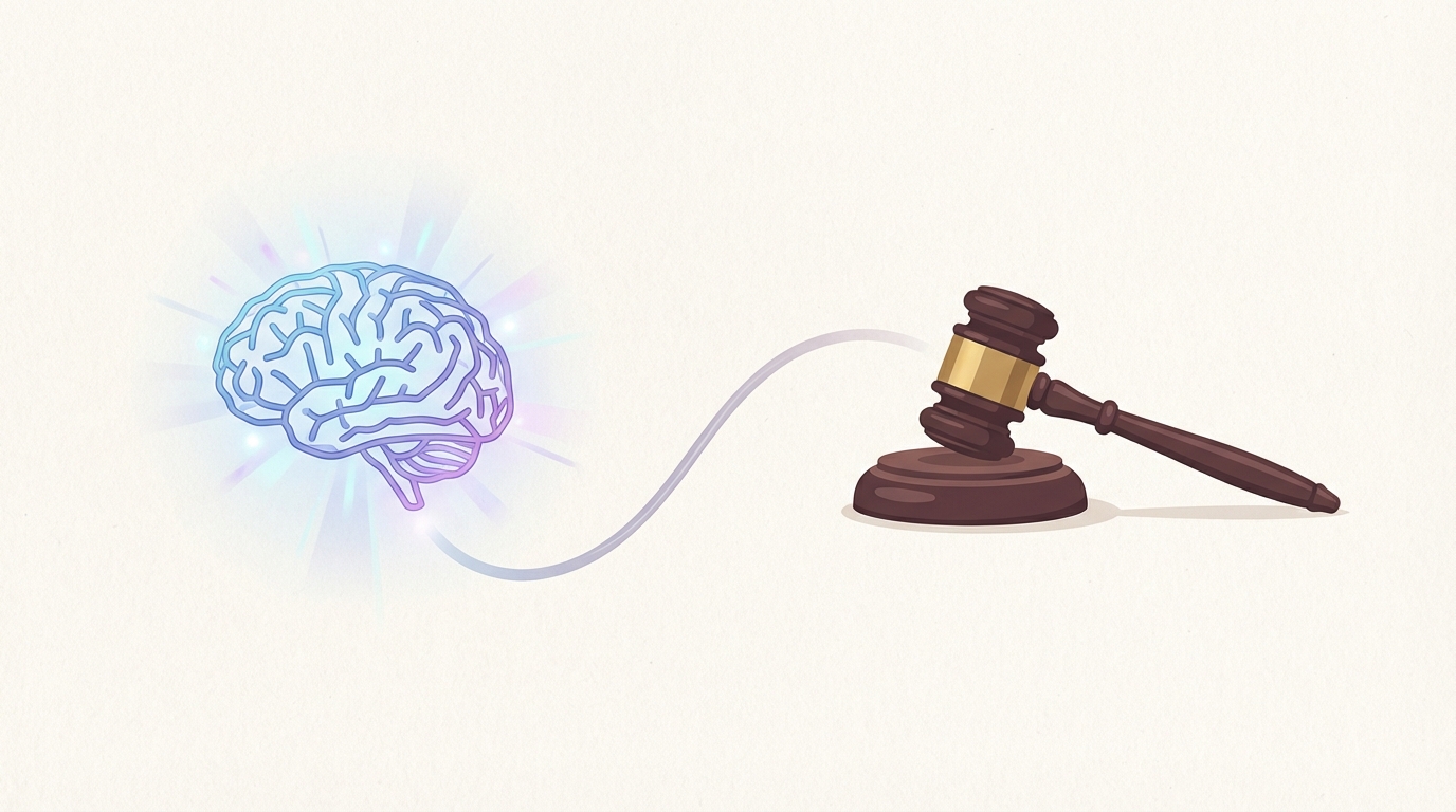 A stylized AI brain next to a judge's gavel, representing the intersection of generative AI and copyright law.