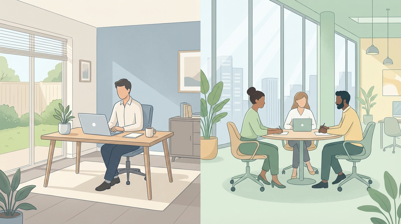 A split-view illustration showing a person working on a laptop in a comfortable home office on one side, and colleagues collaborating in a modern corporate office on the other, representing hybrid and remote work.